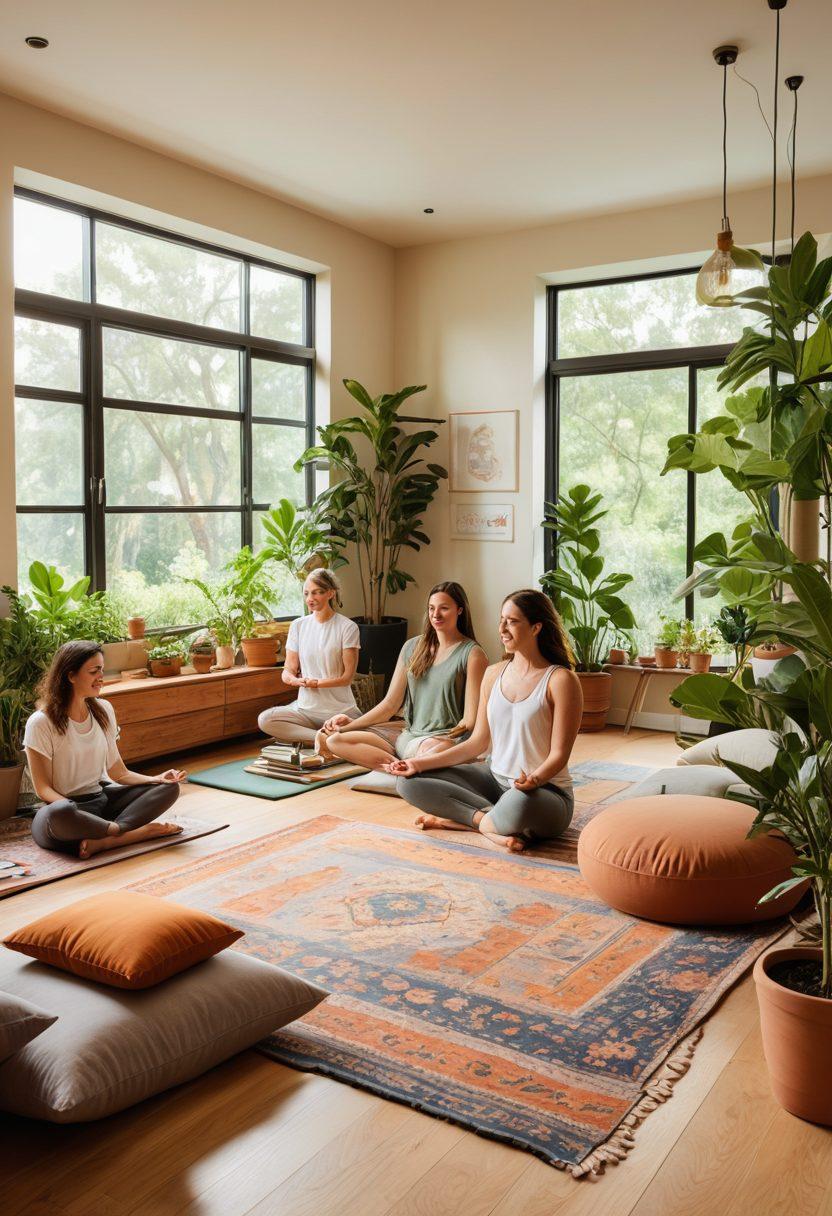 A vibrant co-living space filled with diverse individuals engaging in wellness activities, such as meditation, communal cooking, and collaborative workouts, surrounded by lush plants and inviting decor. The central focus is a large, sunlit room with smiling faces and a sense of community. Incorporate elements that represent mental well-being, like books, art supplies, and soothing colors. The overall atmosphere should be warm and welcoming, promoting connection and mindfulness. super-realistic. vibrant colors. organic elements.