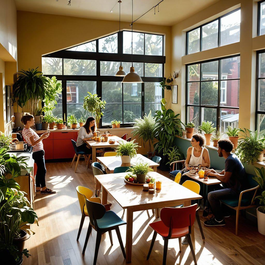 A cozy communal living space with diverse individuals happily interacting, cooking together, and engaging in lively discussions. Include elements of greenery like indoor plants, colorful decor, and shared dining areas to represent community and well-being. Sunlight streaming through large windows, creating a warm, inviting atmosphere. Capture the essence of connection and support in shared housing. super-realistic. vibrant colors. warm tones.