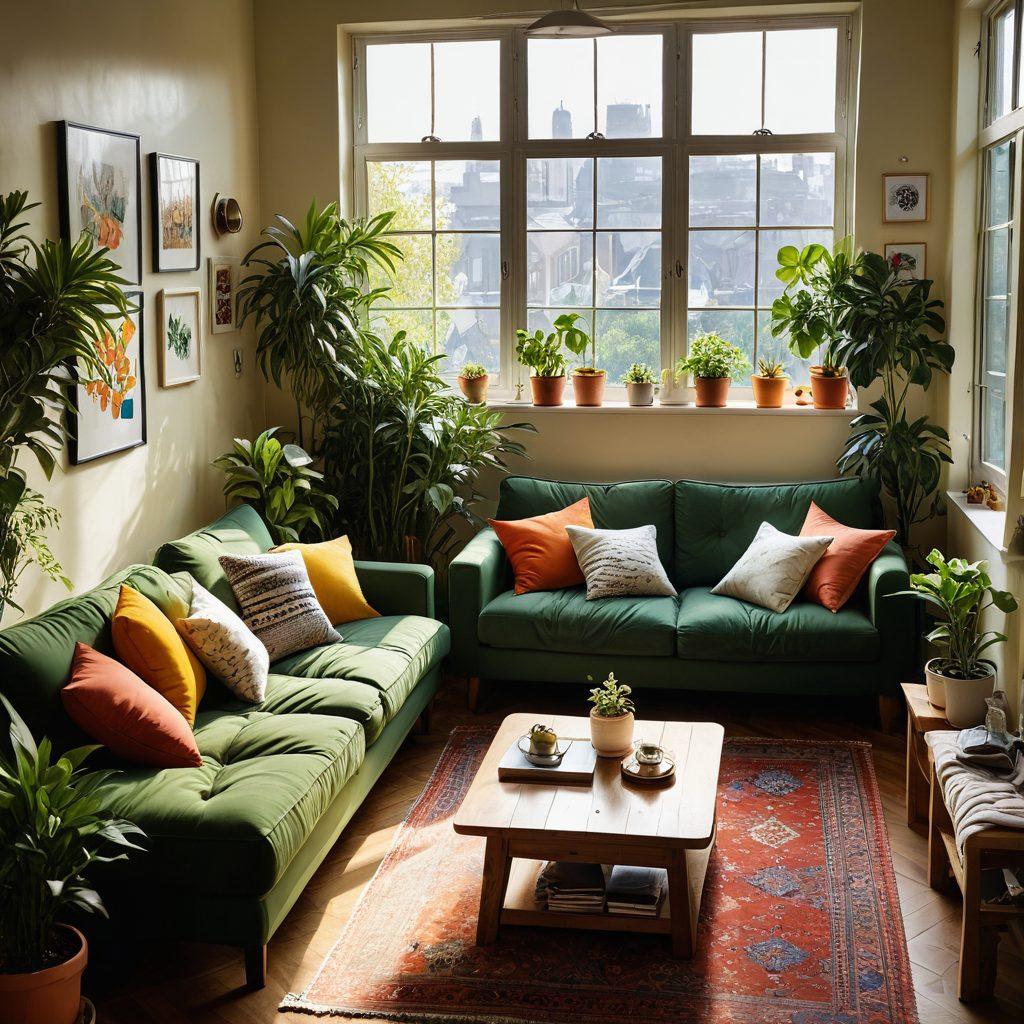 A warm and inviting living room shared by diverse roommates, all engaged in joyful activities like cooking, playing games, and chatting together. Bright cushions and plants add a homely touch, while sunlight filters through large windows, casting soft shadows. The atmosphere radiates happiness and community. super-realistic. vibrant colors. warm lighting.